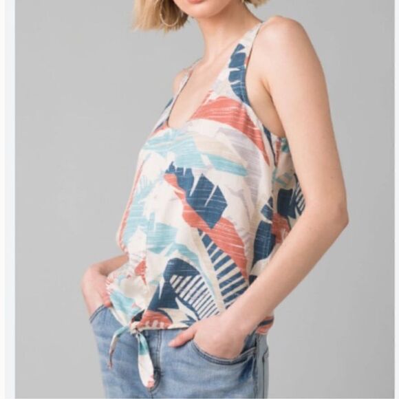 Prana MCKENZIE Blue Orange Abstract Tropical Print Tie Front Tank Blouse - Picture 2 of 15